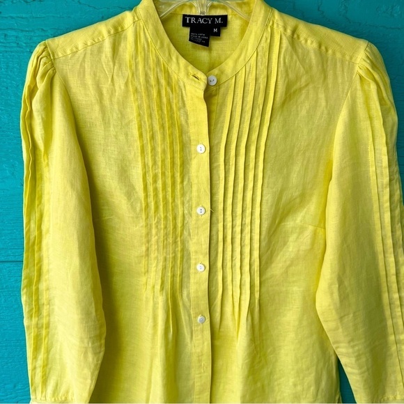YELLOW LINEN PINTUCK PEPLUM BUTTON DOWN BLOUSE WITH RUFFLE CUFFS SIZE MEDIUM - Picture 7 of 7